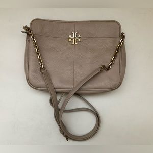 Tory Burch taupe color leather shoulder crossbody golden chain bag